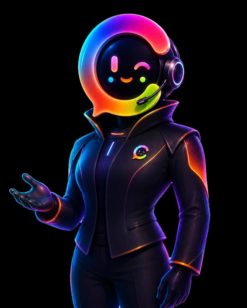 Luna, the English-language AI voice receptionist for TheChattyAI, shown as a premium rainbow chat-bubble agent in a dark suit.