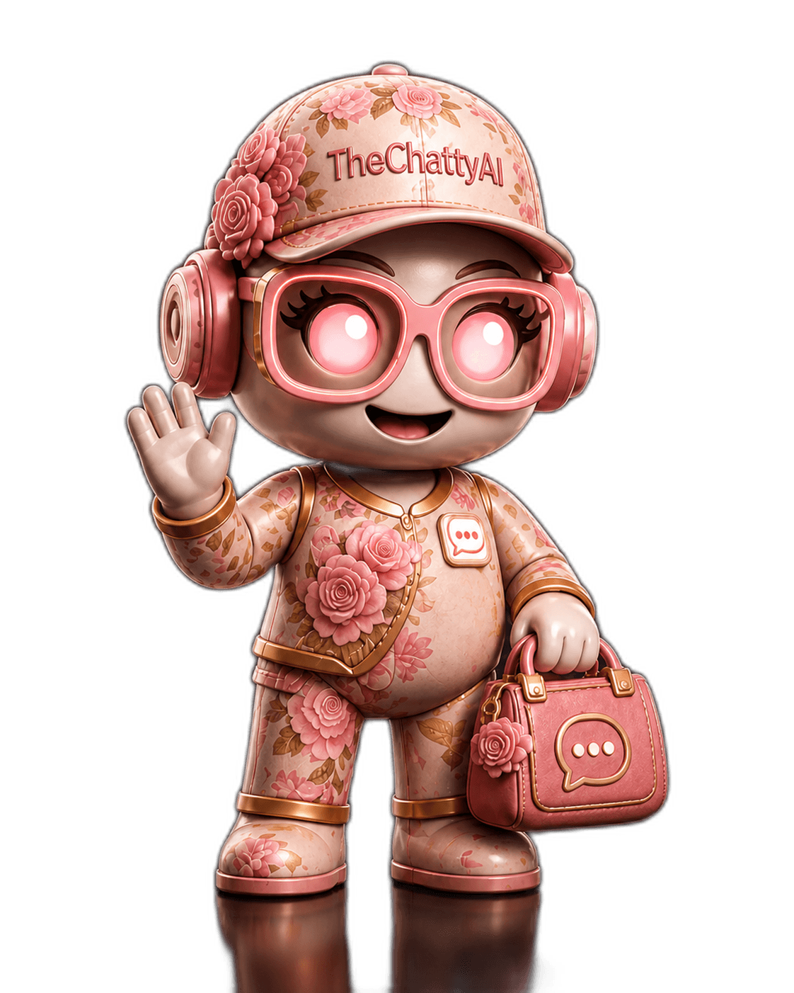 Aria, the AI operations brain that runs the back office for TheChattyAI. Pink rose-pattern mascot with chat-bubble purse.
