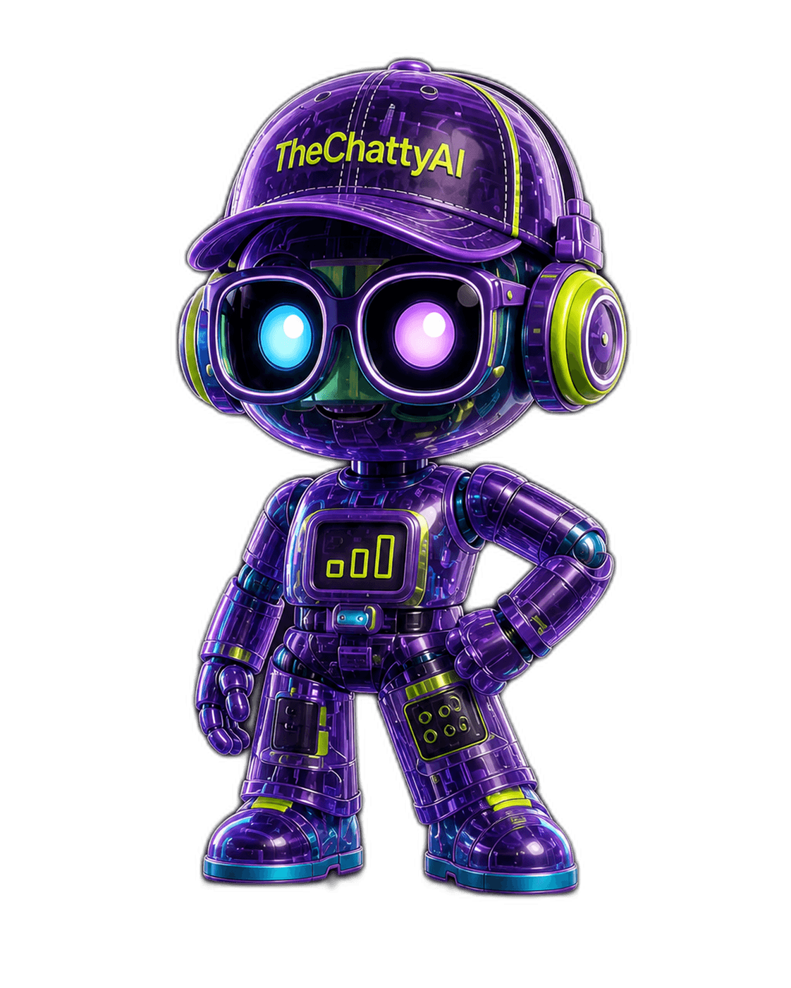Lucy, the Spanish-speaking AI voice receptionist for TheChattyAI. Iridescent purple mascot with neon-yellow accents.