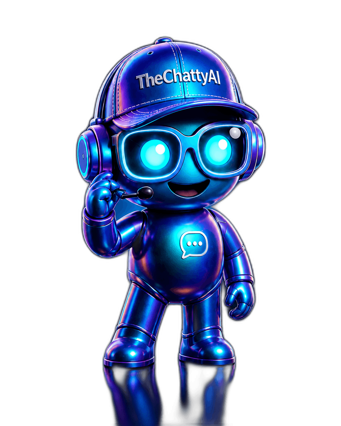 Luna, the English-language AI voice receptionist for TheChattyAI. Cobalt blue mascot with chrome microphone.